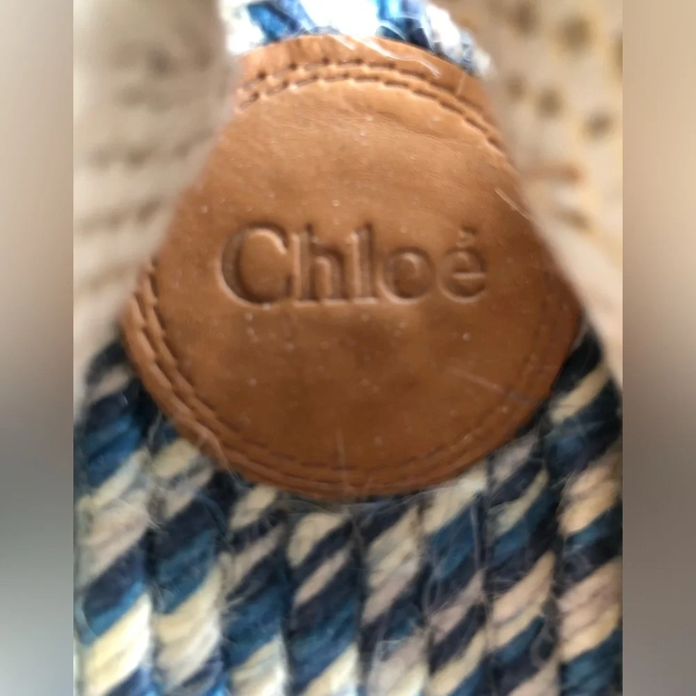 Chloe Blue Denim Espadrille Wedge Sandals with Cream Ankle Ties